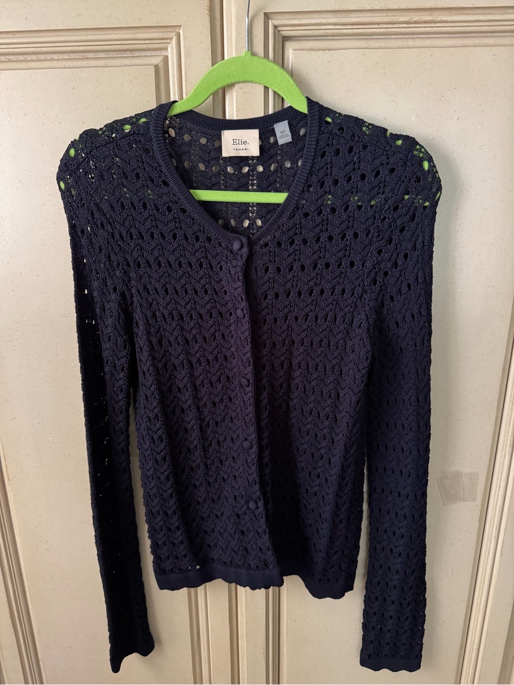 Tahari Navy Openwork Button-Front Cardigan